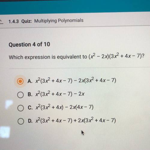 Which expression is equivalent to (x2 – 2x)(3x2 + 4x - 7)?