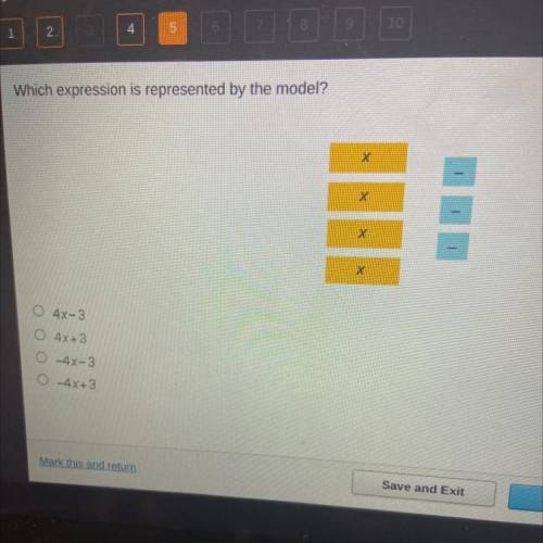Which expression is represented by the model?

х
Х
х
O 4X-3
4x+3
ООО
-4X-3
O-4x+3