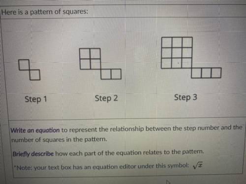 Here is a pattern of squares:

Step 1
Step 2
Step 3
Write an equation to represent the relationshi