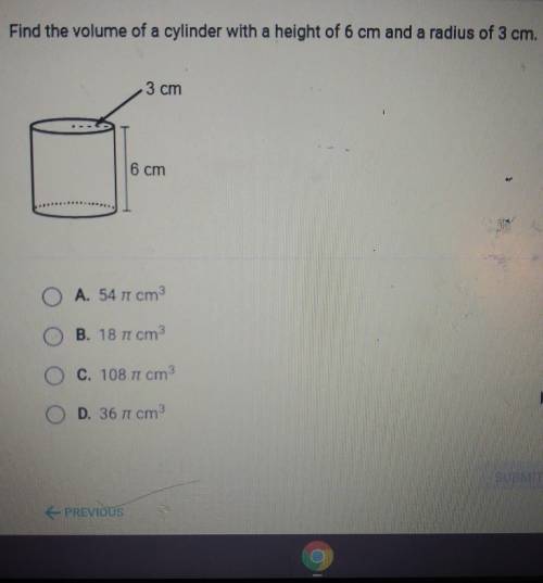 Find the volume of a cylinder with a height of 6 cm and a radius of 3 cm. 3 cm 6 cm

Help plz it i