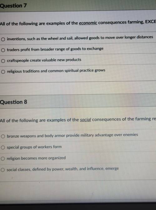 Question 7 All of the following are examples of the economic consequences farming, EXCEPT...

ques