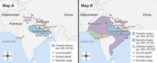 GIVING BRAINLIEST The maps show the Gupta Empire.

2 maps.
Map A: A key shows Chandra Gupta I (cir