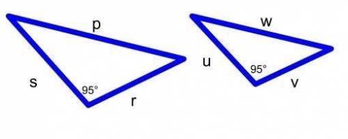 The two triangles above are similar. If r = 19, v = 18, and u = 21, what is the value of s? Round a
