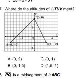 7. Where do the altitudes of ATUV meet?

70.6)
3
O
M-B-2)
U2)
A (0, 2)
B (0, 1.5)
C (0,1)
D (1.5,
