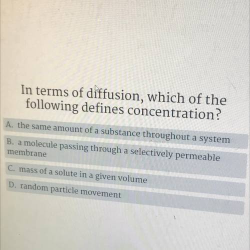 In terms of diffusion, which of the following define concentration?
(see image)