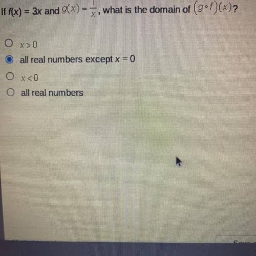 If f(x) = 3x and g(x) = 1/x
what is the domain of (gof)(x)?