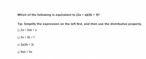 Please help on this one question

Which of the following is equivalent to (2a + a)(3b + 1)?
Tip: S