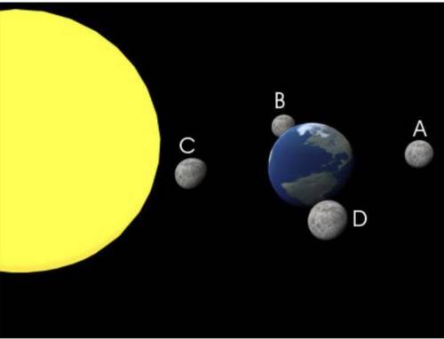 Which location of the moon relative to the sun and earth may produce a lunar eclipse?

A)A
B)B