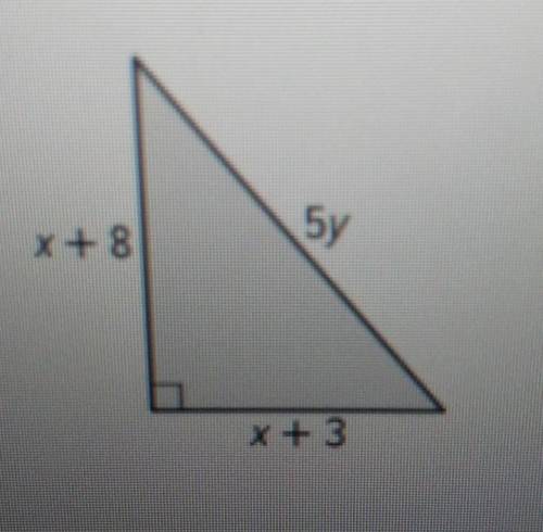 The hypotenuse of the right triangle is 5y inches long. the lengths of the legs are x+8 and x+3 Inc