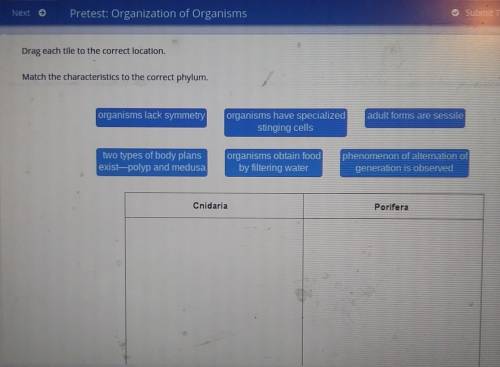Next > Pretest: Organization of Organisms Su Drag each tile to the correct location. Match the c