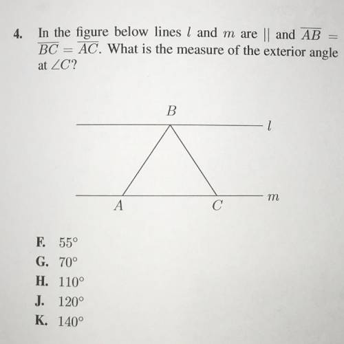 In the figure below, lines L and M are parallel and line AB = line BC = line AC. What is the measur