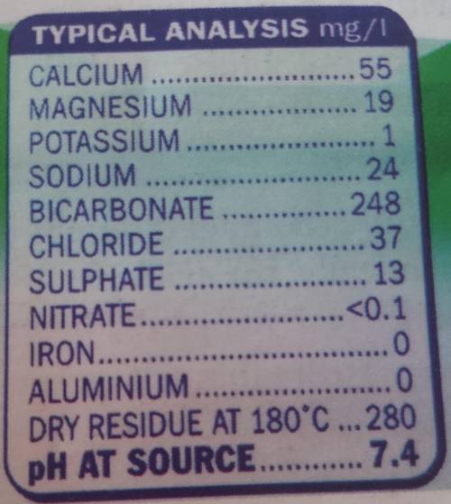 Please answer this. List the three most abundant minerals in this bottle of mineral water.