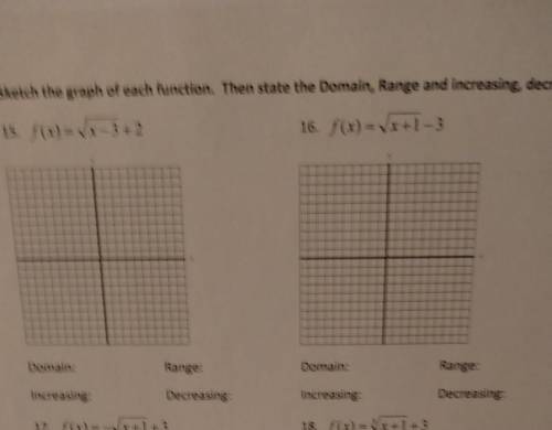 Sketch the graph of each function. Then State the domain, range and increasing, decreasing interval