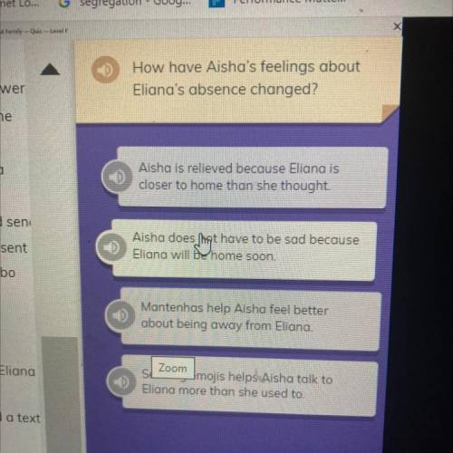 How have Aisha's feelings about
Eliana's absence changed?