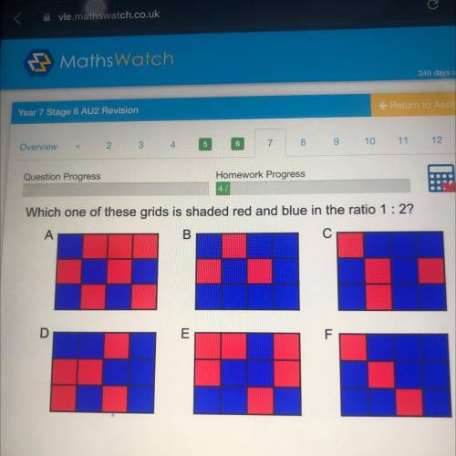 Which one of these grids is shaded red and blue in the ratio 1:2?
А
B
D
E
