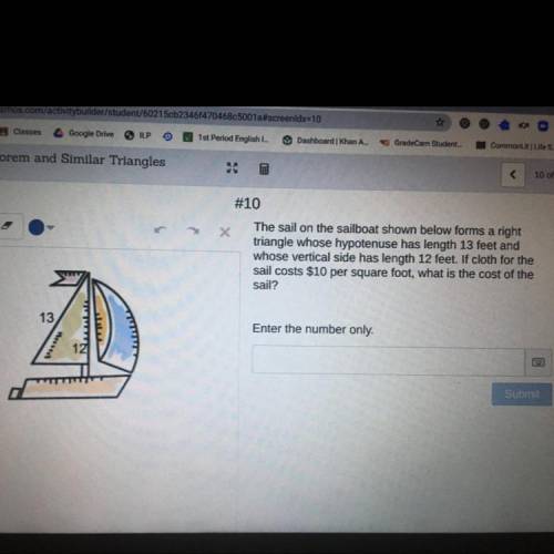 The sail on the sailboat shown below forms a right

triangle whose hypotenuse has length 13 feet a