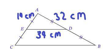 Given that is the midpoint of AB and E is the midpoint of AC, AD =32cm, AE=19cm, and DE=39cm, deter