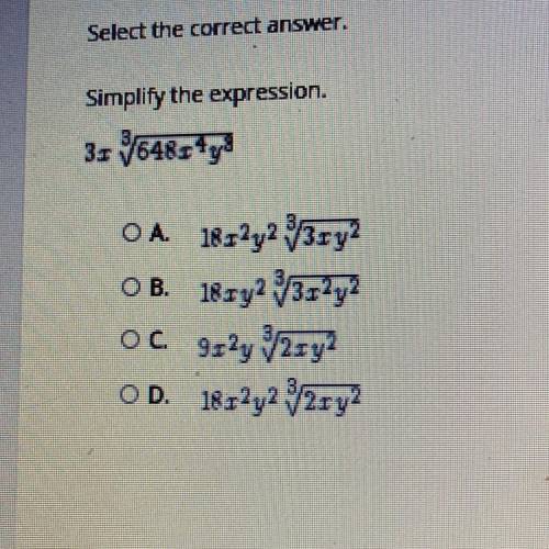 Select the correct answer.
Simplify the expression