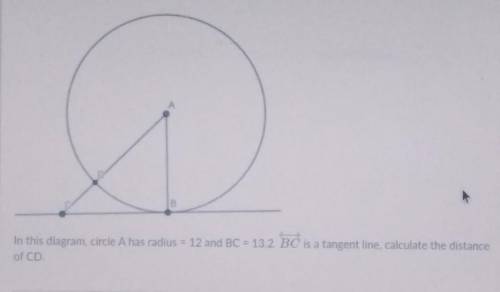 In this diagram, circle A has radius = 12 and BC = 13.2. BC is a tangent line, calculate the distan