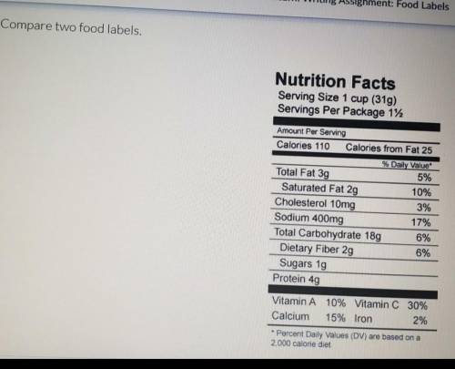 Writing Assignment: Food Labels. 1) Compare two food labels. Review the nutrition quality of the it