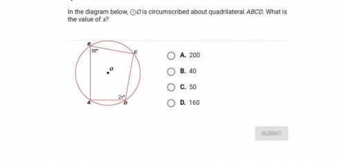in the diagram below , O is circumscribed about quadrilateral ABCD . What is the value of X (How do