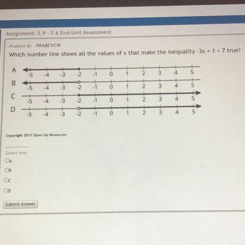 Problem ID:

Which number line shows all the values of x that make the inequality - 3x + 1 < 7