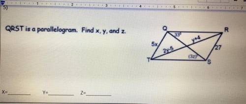 QRST is a parallelogram. Find x, y, and z.