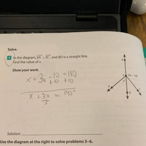 In the diagram EA —> _|_ EC —>, and BD is straight line. Find the value of x.