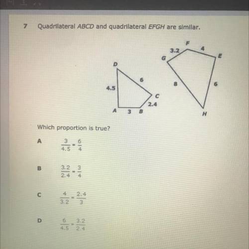 Quadrilateral ABCD and quadrilateral EFGH are similar. Which proportion is true?
