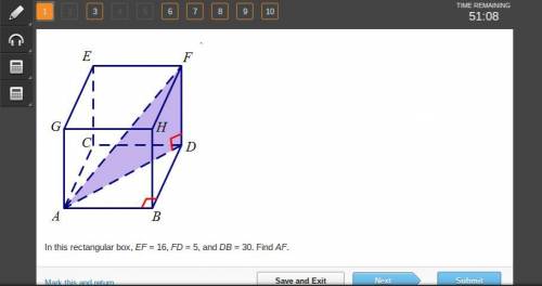 Helpppp pleasee

In this rectangular box, EF = 16, FD = 5, and DB = 30. Find A F.
A. 5√37
B. 34
C.
