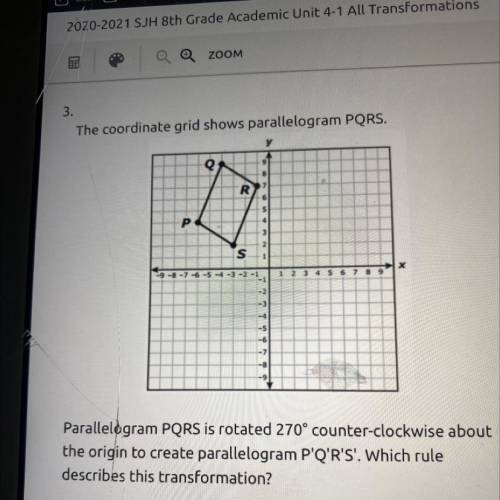 PLEASE HELP ME

3.
The coordinate grid shows parallelogram PQRS.
Q
8
R
5
4
P
3
2
s
1
V
х
-9-8-7-6-