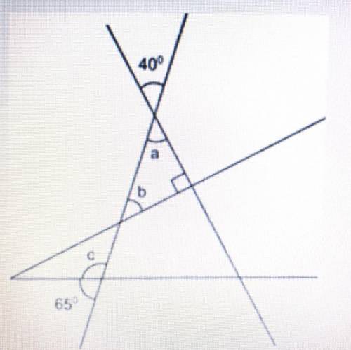 What are the measures of angle a,b,c? show your work and explain