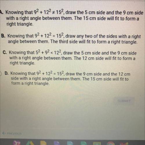 Select the procedure that can be used to show the converse of the

Pythagorean theorem using side