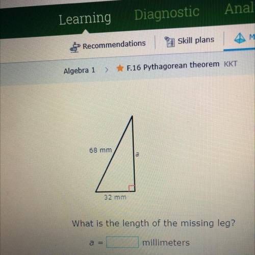 The hypotenuse of a triangle is 68 leg one is 32 how long is leg two