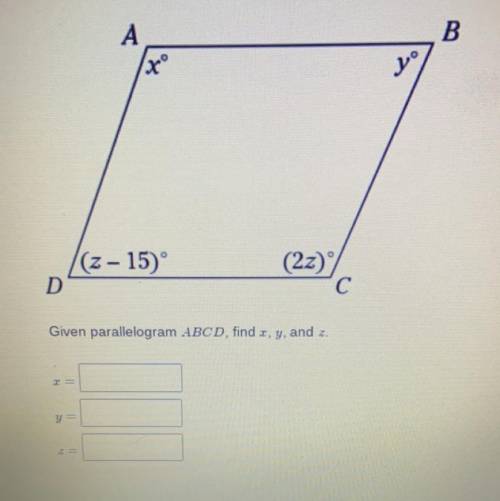 Given parallelogram ABCD, find r, y, and z.