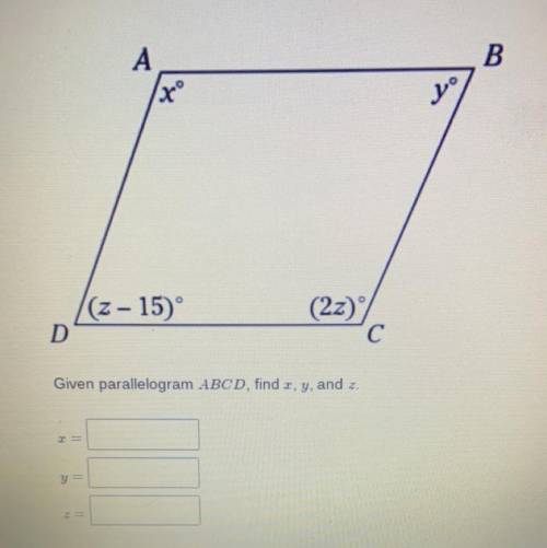 Given parallelogram ABCD, find 1, y, and z.