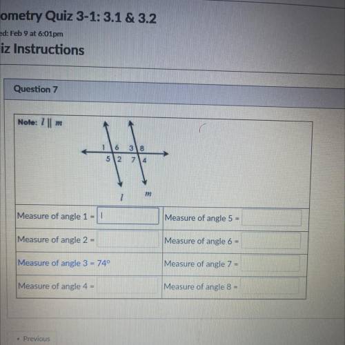 Note: 7 || m

6
318
52 74
7
Measure of angle 1 = 
Measure of angle 5 =
Measure of angle 2 =
Measur