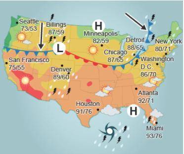 Examine the weather map. The arrows are pointing to the line with triangles.

A weather map of the