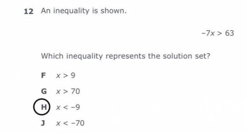 12 An inequality is shown.
–7x > 63 Which inequality represents the solution set?
