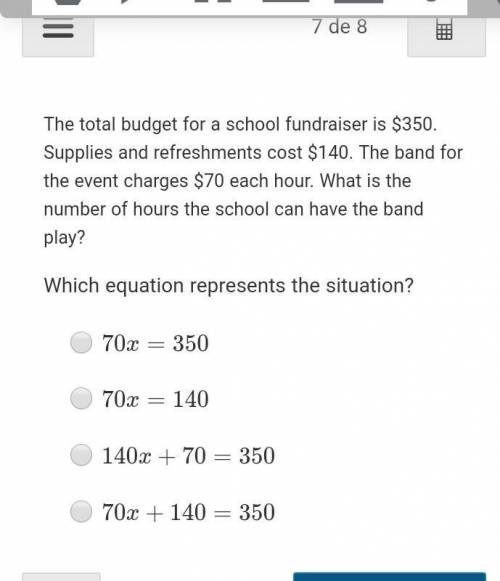 The total budget for a school fundraiser is $350. Supplies and refreshments cost $140. The band for