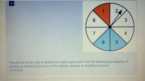 The spinner at the right is divided into eight equal parts. Find the theoretical probability of

l