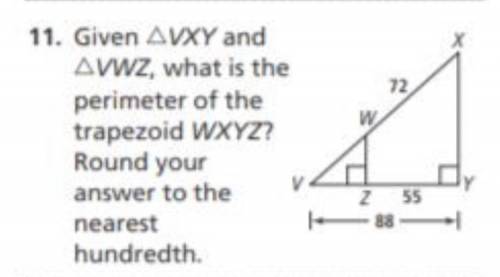 Given ΔVXY and ΔVWZ, what is the perimeter of the trapezoid WXYZ?