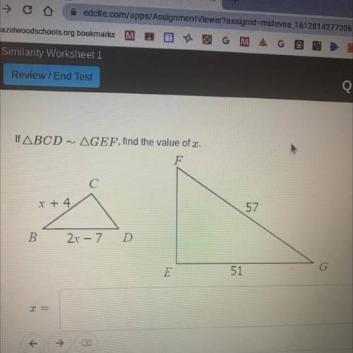 HELP ASAP!!
If ABCD ~ AGEF, find the value of x.