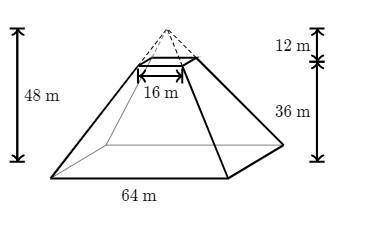 Rita is designing a building shaped like a pyramid that's cut off in a plane parallel to its base (
