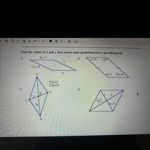 Find the values of x and y that ensure each quadrilateral is a parallelogram?