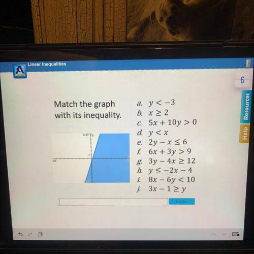 Match the graph

with its inequality.
a. y<-3
b. x > 2
C. 5x + 10y > 0
d. y < x
e. 2y