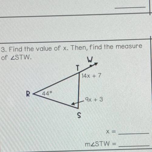 Please help !! giving brainiest to whoever helps

Find the value of x.Then, find the measure of ST