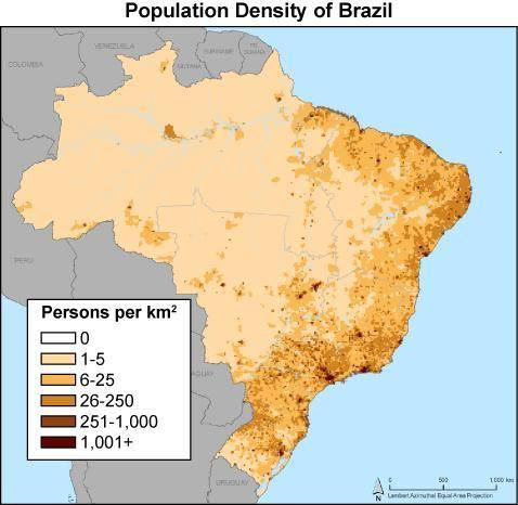 Look at the map showing the population density of Brazil. Then answer the question that follows.