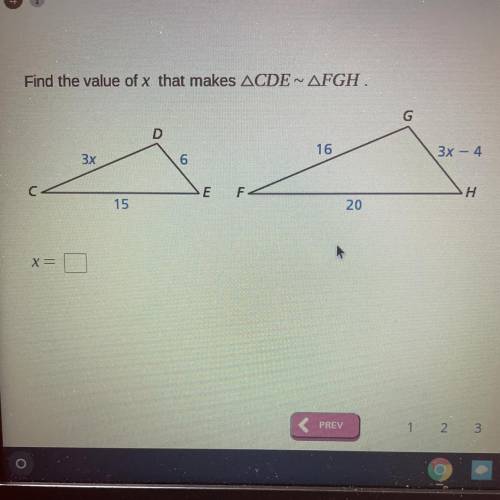 Find the value of x that makes triangle CDE ~triangle FGH