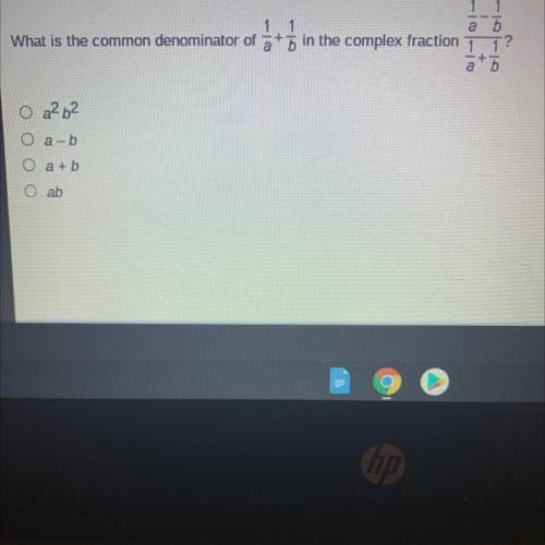 What is the common denominator of 1/a+1/b in the complex fraction 1/a-1/b / 1/a+1/b

a2b2 
a-b
a +